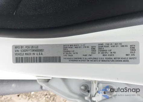 2021 Ram 1500 Big Horn 4X4 5'7 Box из США, поврежденный, VIN 1C6SRFFT0MN655651